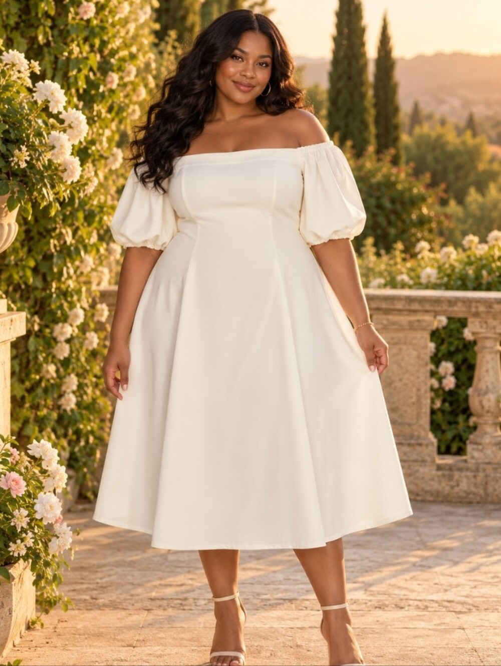 ELOQUII 22 Sugar Swizzle Ivory Off Shoulder Puff Sleeve Midi Dress NWT